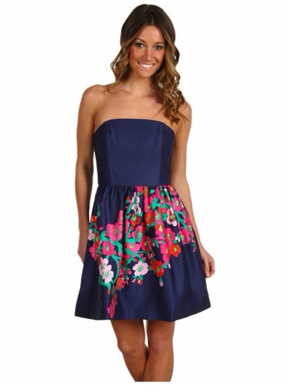 Lilly Pulitzer Navy Strapless Dress with Pink, Red & Green Floral Skirt - Picture 4 of 4